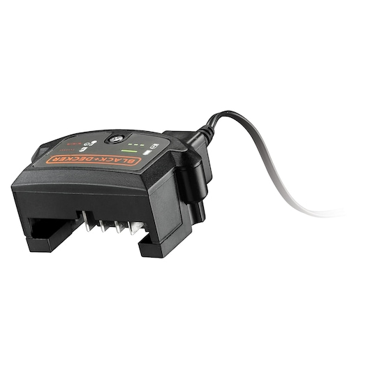 BLACK+DECKER BL188E2K chargeur de batterie compact noir avec voyants LED, vue avant sur fond blanc.