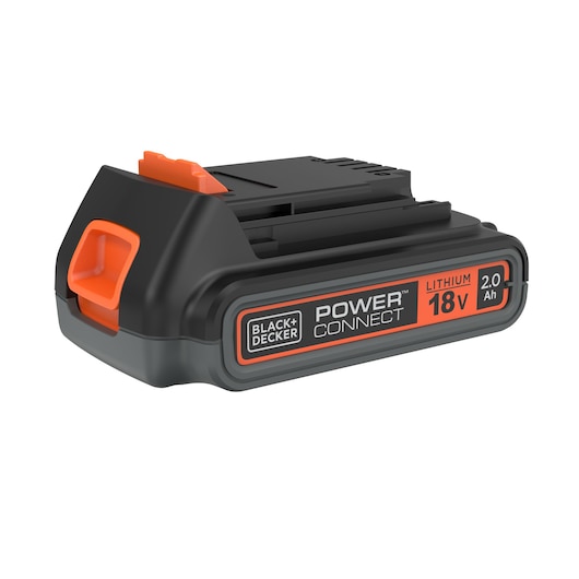 BLACKDECKER BL2018 lithium 18V 2.0Ah accu, zwart en oranje, schuine weergave op witte achtergrond.