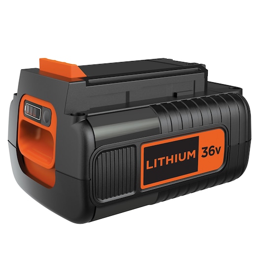 BLACKDECKER BL20362 batterie lithium 36v, noir et orange, vue latérale sur fond blanc.