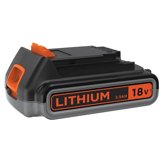 Een BLACK+DECKER 18V 2,5Ah lithium-ion oplaadbare batterij, in zwart, oranje en grijs, gebruikt voor het aandrijven van gereedschap.