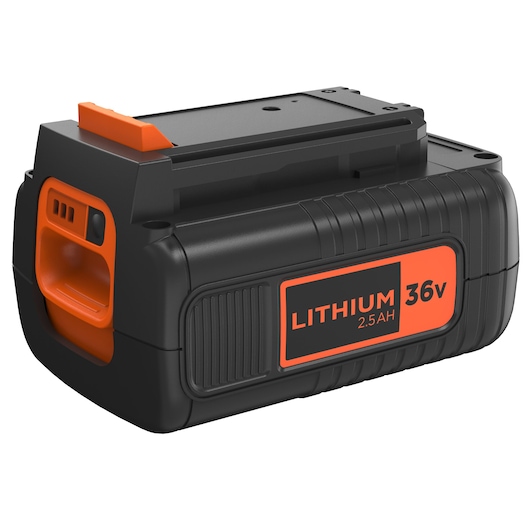 BLACKDECKER BL2536 lithiumbatterij 36V 2.5Ah, zwart en oranje, hoekaanzicht, fotografie