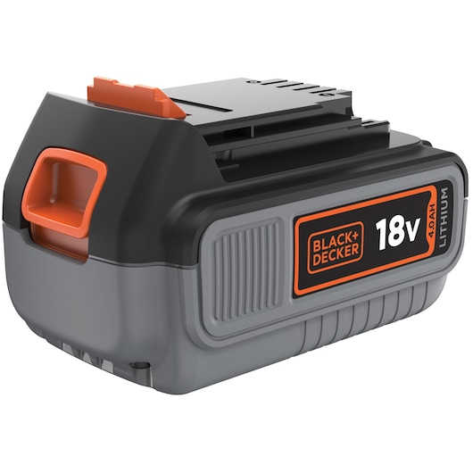 BLACK+DECKER BL4018 18V lithium batterij frontaal zicht, grijs en zwart met oranje accenten.