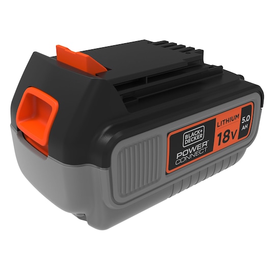 Een BLACK+DECKER Power Connect lithiumbatterij, 18V 5,0Ah model, met een zwart en grijs omhulsel en oranje accenten.