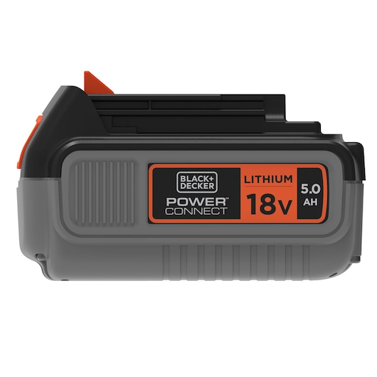 Close-up afbeelding van een BLACK+DECKER Power Connect lithium batterij, 18V 5,0Ah, grijs en zwart met een oranje label.