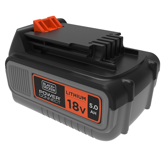 Een BLACK+DECKER Power Connect 18V lithium-ion batterijpack met 5,0 Ah capaciteit, compact en rechthoekig ontwerp met een grijs en zwart lichaam, een oranje label en een oranje sluiting.