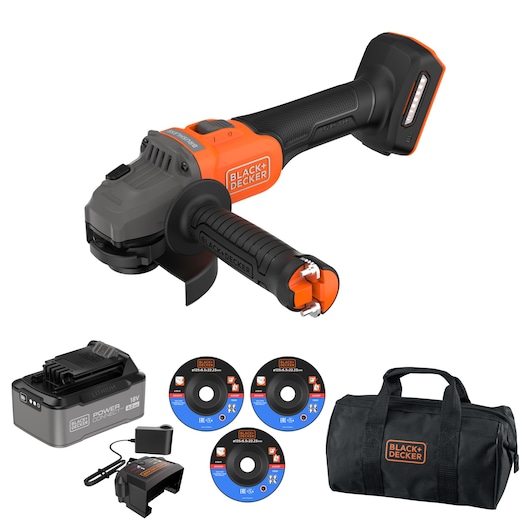 BLACK+DECKER BLCG78M1 draadloze haakse slijper set met drie schijven, oplader en zwarte draagtas, vooraanzicht.