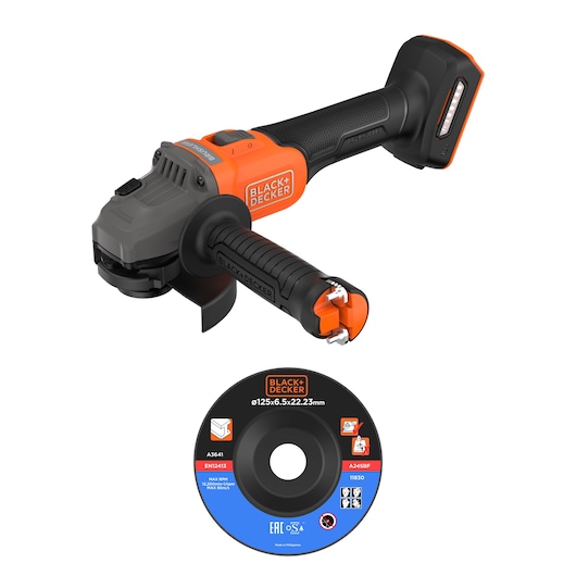 BLACK+DECKER draadloze haakse slijper met slijpschijf, afzonderlijk getoond. Gereedschap is zwart en oranje.
