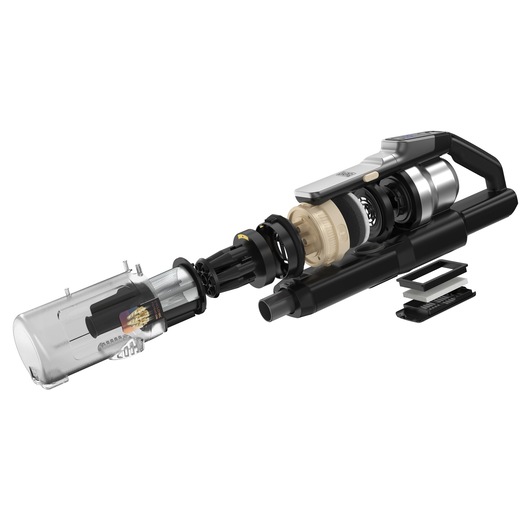 BLACKDECKER BSV520BL2P stofzuiger in explosieweergave met zichtbare interne onderdelen op een witte achtergrond.
