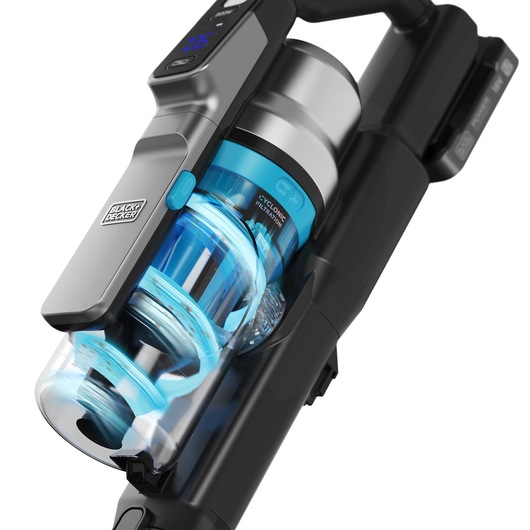 BLACK+DECKER BSV520BRB snoerloze steelstofzuiger met transparante stofcontainer en blauwe cycloonfilter, zijaanzicht.