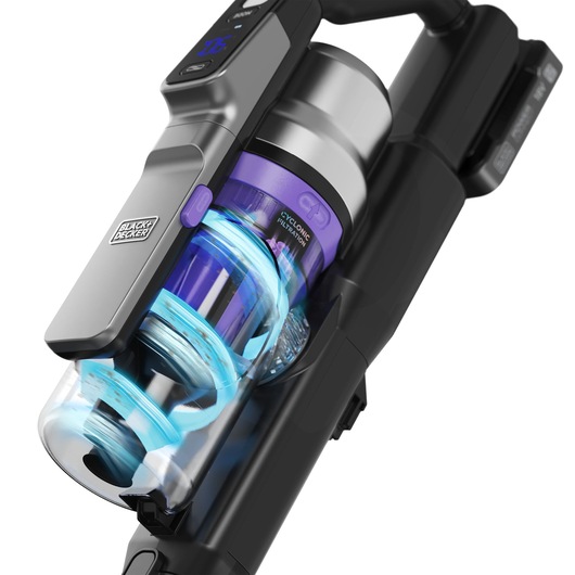 BLACK+DECKER BSV520BRP snoerloze steelstofzuiger, close-up van transparante stofbak met cycloonfilter, schuine hoek.