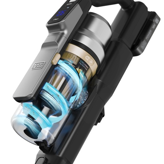 BLACK+DECKER BSV525BLP snoerloze stofzuiger zijaanzicht met transparant cycloonfilter en bedieningspaneel.