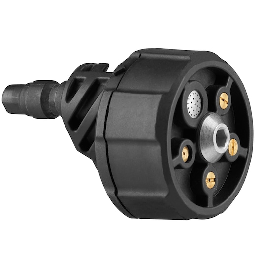 Close-up van een BLACK+DECKER fotografie-accessoire, specifiek een zwarte adapter of connector met metalen onderdelen en een centrale schroefdraadopening.