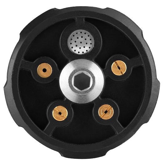 Close-up van een BLACK+DECKER fotografie-accessoire, met een ronde zwarte en zilveren component met meerdere messing en metalen inzetstukken.