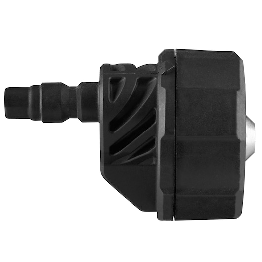 Close-up zijaanzicht van een BLACK+DECKER fotografieaccessoire, met een zwarte, gestructureerde, cilindrische adapter met een connector.