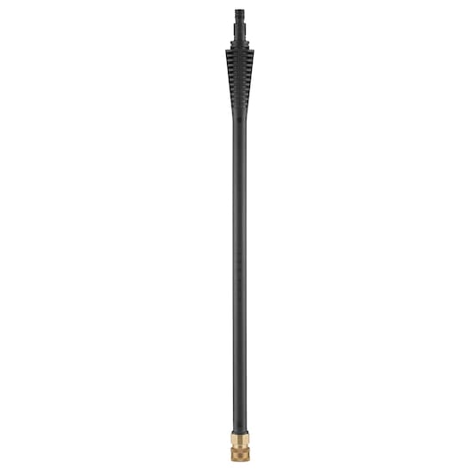 Une longue lance de nettoyeur haute pression noire avec un connecteur en laiton en bas et une zone de prise texturée près du haut.