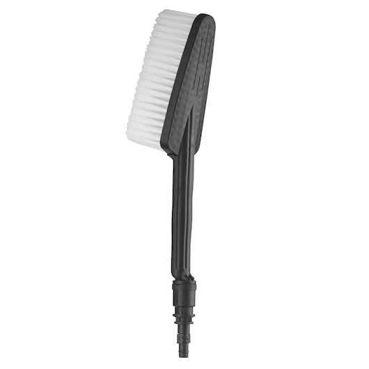 Zwarte plastic reinigingsborstel met witte haren en een bevestigingspunt, ontworpen voor gebruik met een hogedrukreiniger.