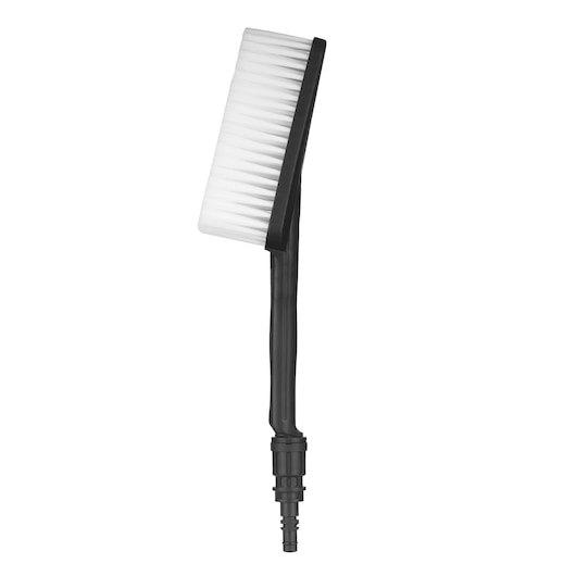 Een rechthoekige schoonmaakborstel met witte haren en een zwarte steel, voorzien van een connector aan het uiteinde. De borstel is gefotografeerd tegen een witte achtergrond.