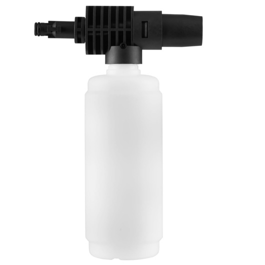BLACK+DECKER schuimspuitflesaccessoire voor hogedrukreinigers, met een grote witte fles en een zwarte connector en sproeikop.
