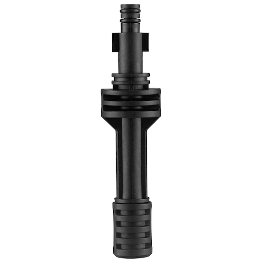 Een BLACK+DECKER hogedrukreiniger-adapteraccessoire gemaakt van duurzaam zwart plastic, getoond tegen een witte achtergrond.