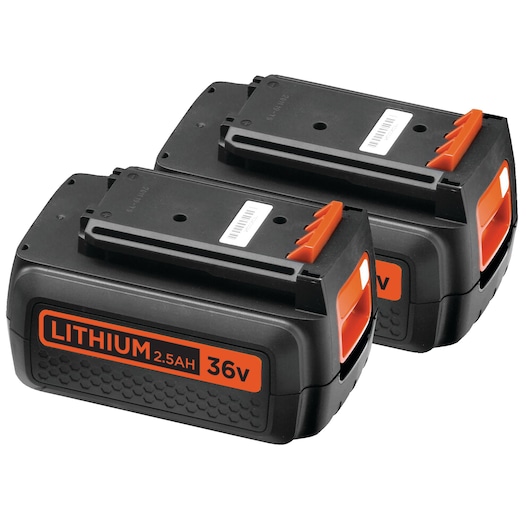 BLACKDECKER CLM3825L2 lot de deux batteries lithium 2,5Ah 36V, noir et orange, vue de face sur fond blanc.