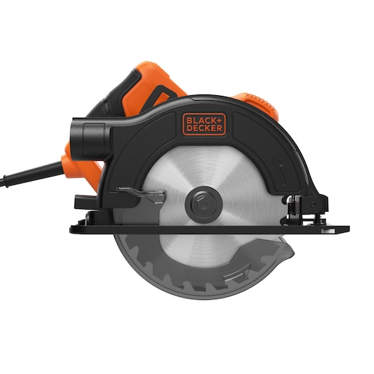 Une scie circulaire électrique BLACK+DECKER avec une lame argentée, un boîtier noir et orange, et un cordon d'alimentation.
