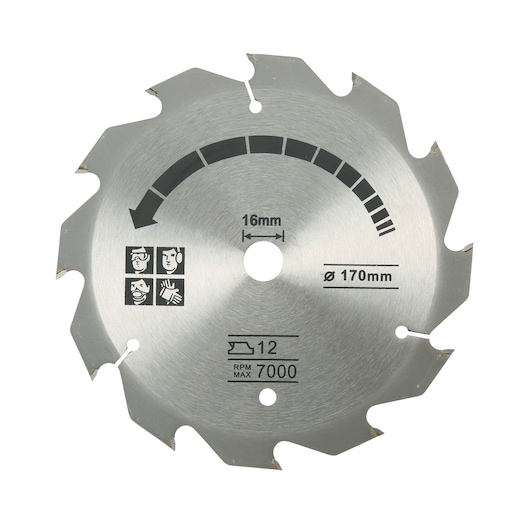 BLACKDECKER CS1250LA zaagblad, 170 mm diameter, 16 mm asgat, zilver, close-up op witte achtergrond.