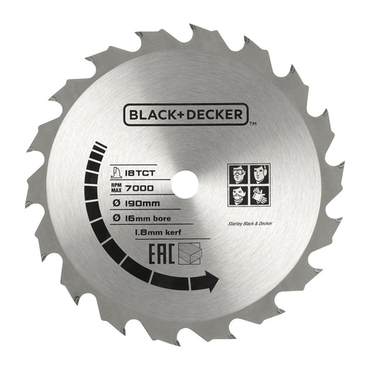 Foto van BLACK+DECKER CS1250LA cirkelzaagblad, 18 TCT-tanden, 190mm diameter, 16mm asgat, zilver, vooraanzicht.