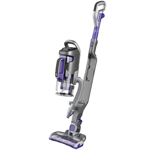 Un aspirateur balai sans fil BLACK+DECKER gris et violet, présenté en position verticale sur un fond blanc.
