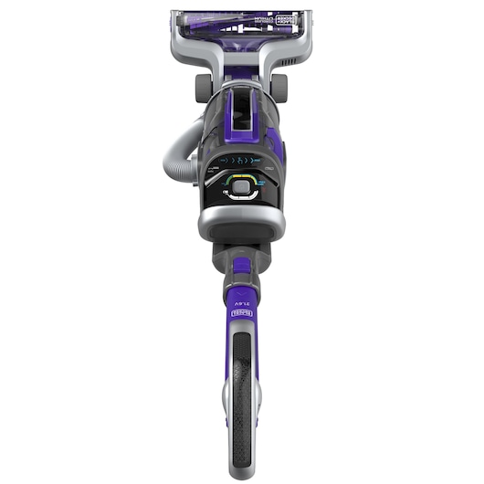Vue de face d'un aspirateur sans fil BLACK+DECKER avec une couleur violette et grise, montrant la poignée, le panneau de commande et la tête de nettoyage.