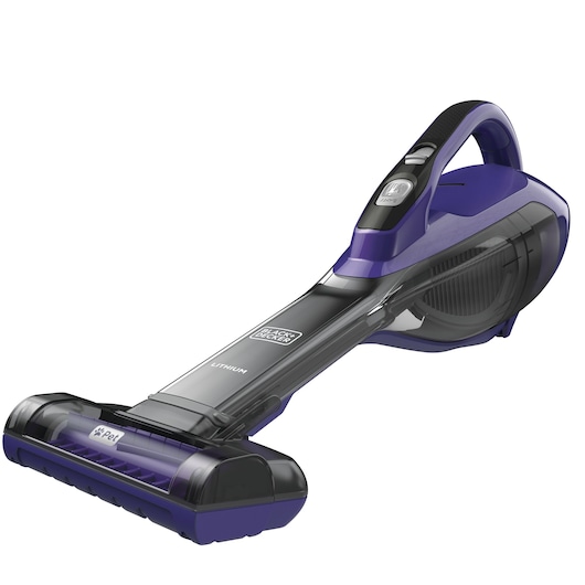 Een paarse en zwarte handstofzuiger met een transparante stofcontainer van het merk BLACK+DECKER. De stofzuiger heeft een lithiumbatterij en een opzetstuk voor dierenharen.