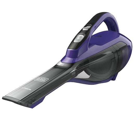 Een BLACK+DECKER draadloze handstofzuiger met een paarse en zwarte vormgeving, voorzien van een transparante stofcontainer en een lange, smalle zuigmond.