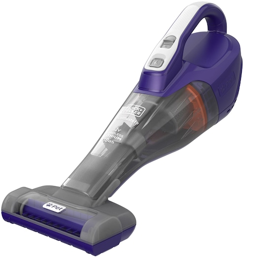 BLACK+DECKER draadloze handstofzuiger in donkerpaars en grijs, ontworpen voor dierenhaar, met een speciale borstel en ergonomisch handvat.