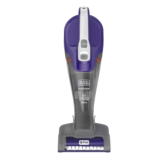 Vooraanzicht van een BLACK+DECKER Dustbuster handstofzuiger met een paars en grijs design, aangegeven als geschikt voor dierenharen. Het apparaat is draadloos en heeft een lithiumbatterij.
