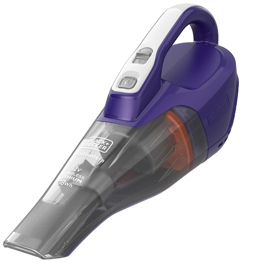 Een BLACK+DECKER handmatige draadloze stofzuiger, model DVB315JP, met een paarse en witte vormgeving en een speciale functie voor huisdieren.