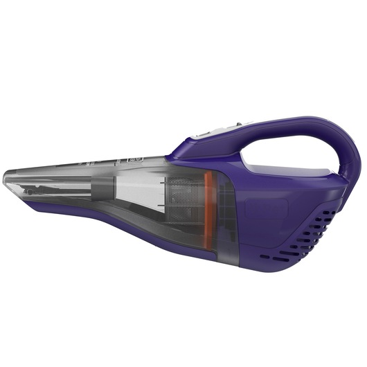 Een paarse en grijze BLACK+DECKER handstofzuiger, ontworpen voor het eenvoudig reinigen van kleine oppervlakken of ruimtes.