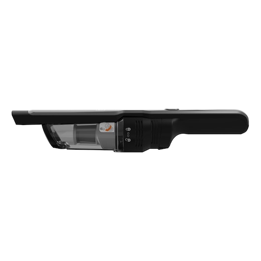 Zijaanzicht van een BLACK+DECKER handstofzuiger met een transparante stofcontainer en zwarte behuizing.