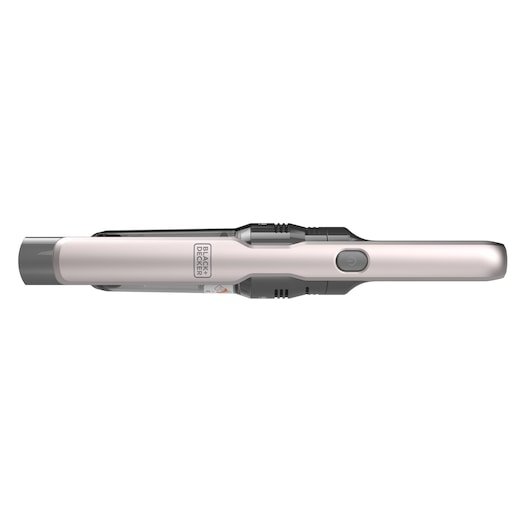 Een BLACK+DECKER draadloze handstofzuiger in zilver en zwart, zijaanzicht op een witte achtergrond.