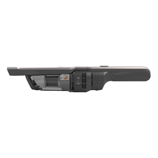 Zijaanzicht van een Black+Decker draadloze handstofzuiger, met een strak grijs en zwart ontwerp en een zichtbare stofcontainer en filtermechanisme.
