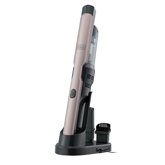 Een BLACK+DECKER draadloze handstofzuiger in roségoud kleur, staand in het oplaadstation met een zichtbaar borsteltje als accessoire.