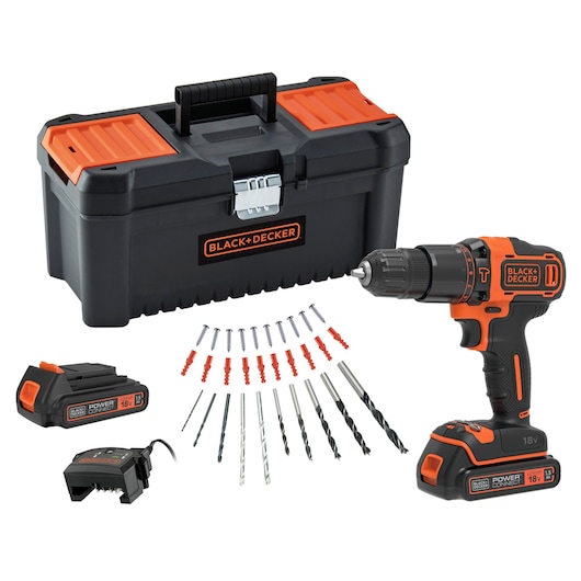 18V Klopboormachine, 2x 1,5Ah Batterijen, 400mA Oplader, 30 Accessoires, 16" Gereedschapskist