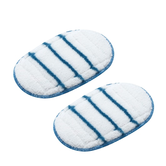 Deux tampons de nettoyage ovales en microfibre blanche avec des bandes bleues et un bord bleu, conçus pour être utilisés avec un balai vapeur BLACK+DECKER.