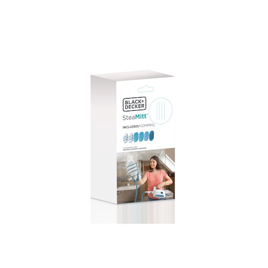 BLACKDECKER SteaMitt vervangpads FSHSMPS-B5 in doos, vooraanzicht met productfoto’s en blauwe grafische elementen.
