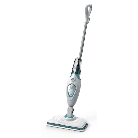 BLACKDECKER FSM1605 stoommop, wit en turquoise, rechtop op witte achtergrond.