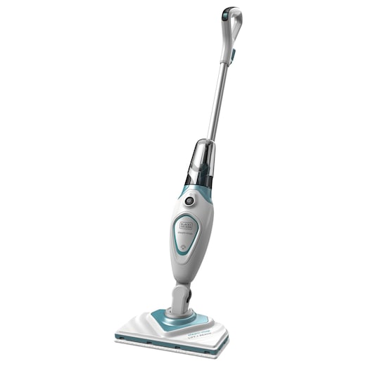 BLACKDECKER FSM1616 stoommop, wit en blauwgroen, rechtop, huishoudelijk schoonmaakapparaat.