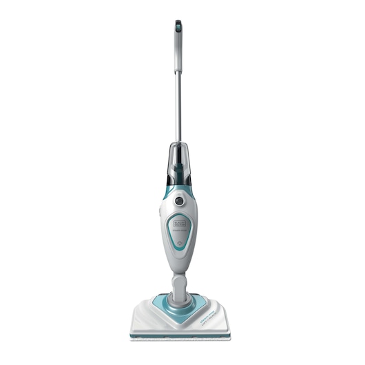 BLACKDECKER FSM1616 stoommop met witte en turquoise accenten, voorkant op witte achtergrond.