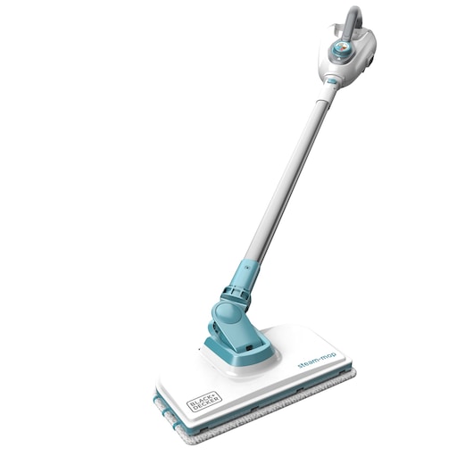 BLACKDECKER FSMH1300FX stoommop wit en blauw, schuine weergave, schoonmaakapparaat fotografie.