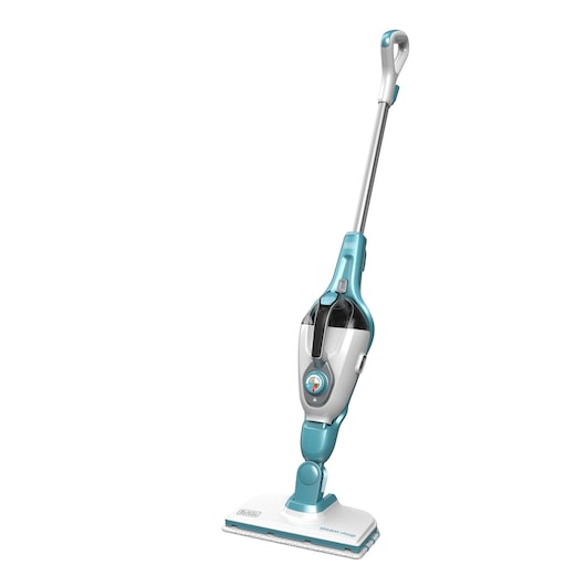 BLACKDECKER FSMH1321 stoomreiniger, wit en turquoise, rechtop vooraanzicht, fotografie.