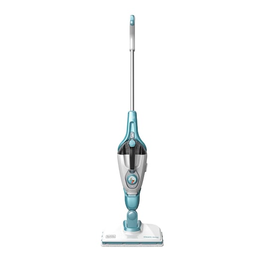BLACKDECKER FSMH1321 stoommop vooraanzicht, wit en blauw, rechtopstaand, fotografie.