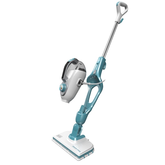 BLACKDECKER FSMH1321 stoommop en handreiniger, wit en teal, frontaal op witte achtergrond.