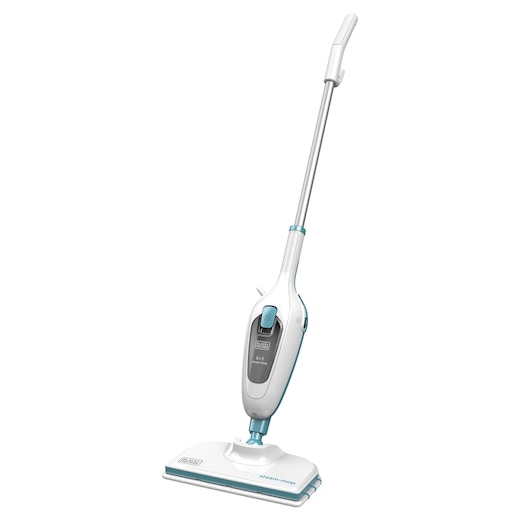 BLACK+DECKER FSMH13E5 stoommop, wit en blauw, staand op witte achtergrond.